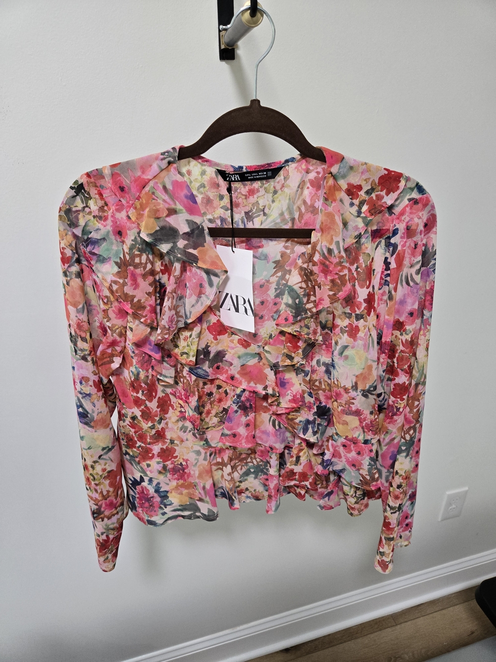 Zara Multicolor Pink Floral Ruffle Blouse